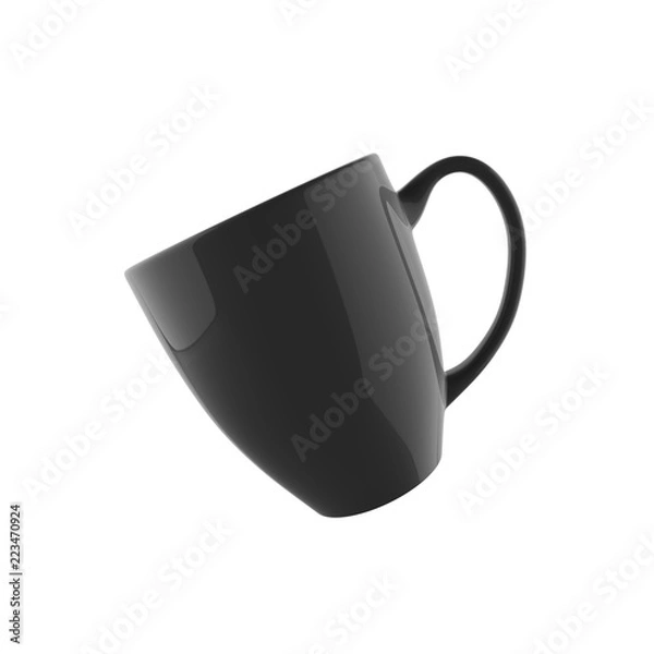 Fototapeta Single Bistro Mug Mockup Template in Angled Oblique and Flying Position in Polished Glossy Black Stone Isolated in White Background Close Up View