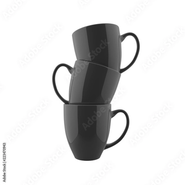 Fototapeta Triple Black Colored and Glossy Finish 3D Rendered Bistro Mug Mockup Stacked and Isolated in White Background In Straight Front Close Up Camera