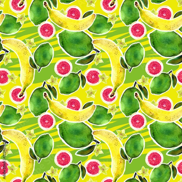 Fototapeta Banana and lime pattern on yellow paper. Seamless pattern.