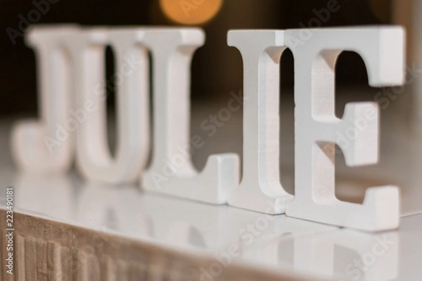 Obraz JULIE Name made of large white blocks style font for a Baptism Party