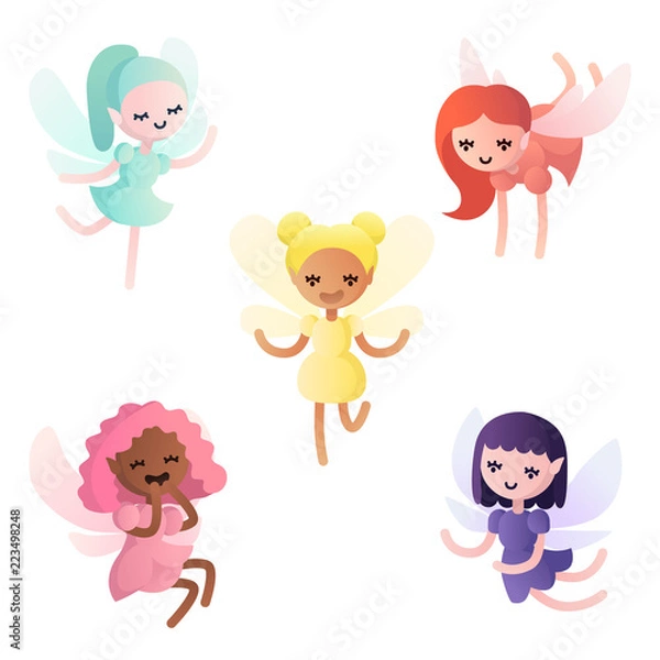 Fototapeta Vector set of various little cartoon fairies in different colors, baby elves with wings