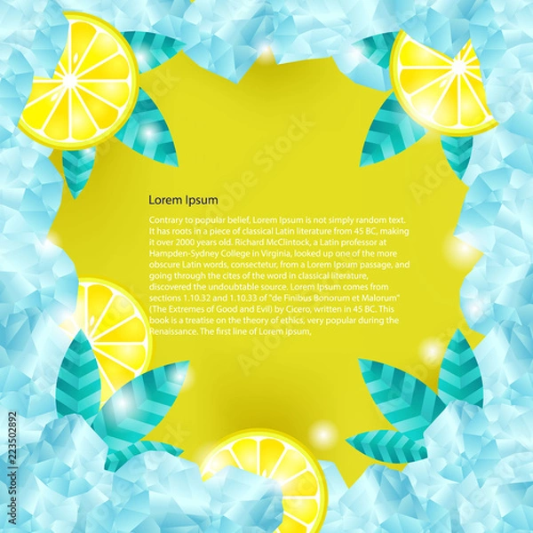 Fototapeta Ice cubes and slices of lemon. Vector frame for label design