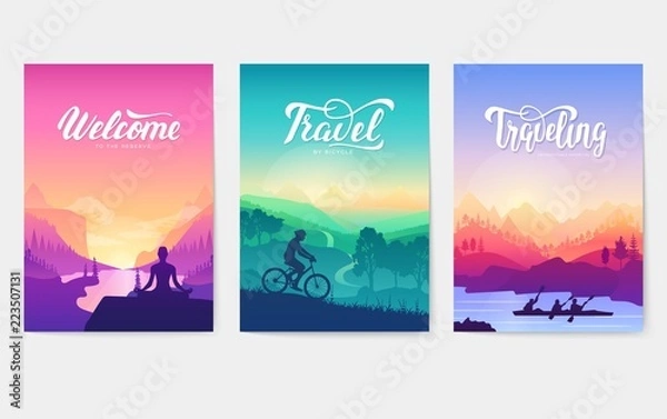 Fototapeta silhouette nature of vening rays. Morning meditation at the top of the mountain. Sports descent from the top on a mountain bike. The descent down the river on kayak in summer day