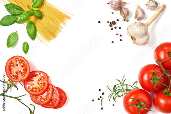 Fototapeta Spaghetti z pomidorami, czosnkiem i bazylią na białym tle. Widok z góry.