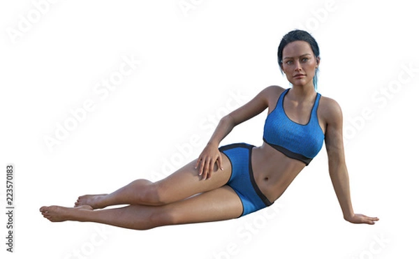 Fototapeta 3d illustration a woman in a sports bra and shorts reclining on a white background with one hand on her thigh.