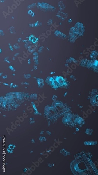 Fototapeta Digital currency symbol Bitcoin on a dark background. Fall of bitcoin. Cryptocurrency graph on virtual screen. Business, Finance and technology concept. 3D illustration