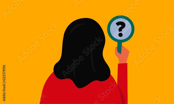 Fototapeta Vector illustration of a girl/woman staring at the question mark reflection in a mirror. Mirror shows doubt. Searching for Answers Concept