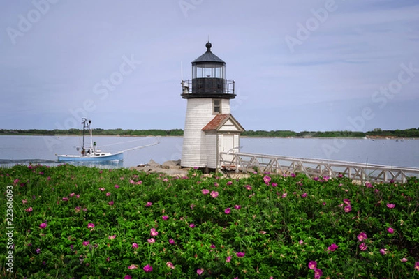 Obraz Beach Roses od Nantucket Island Lighthouse Guiding Fishing Boat