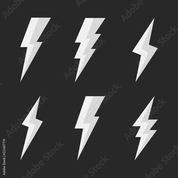 Fototapeta Set of 6 thunderbolts icons. Lightning icons isolated on black background. Vector illustration