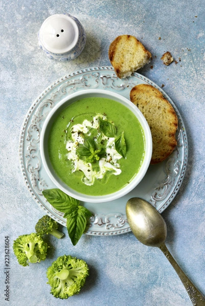 Obraz Healthy broccoli soup.Top view with copy space.
