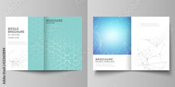 Obraz The vector layout of two A4 format cover mockups design templates for bifold brochure, flyer, report. Technology, science concept. Molecule structure, connecting lines and dots. Futuristic background