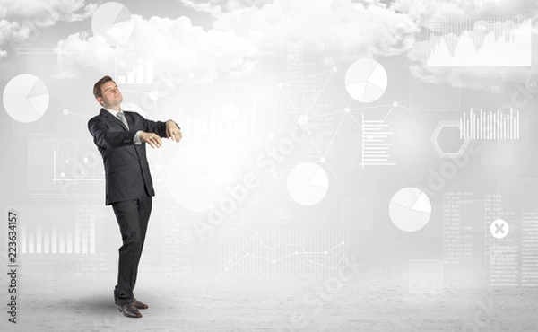 Fototapeta Workaholic businessman dreaming about his work, report, graphs and charts
