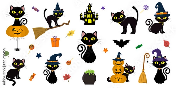 Obraz Wesołego Halloween. Mega zestaw czarnego kota z żółtymi oczami w różnych pozach z dynią, na miotle, w kapeluszu wiedźmy i innymi elementami na białym tle. Kreskówka, wektor