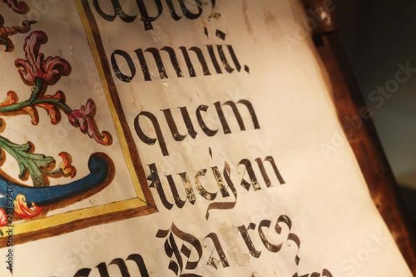 Fototapeta A close up view of an old book sheet made of parchment with some blackletter Latin writings and a colored miniature