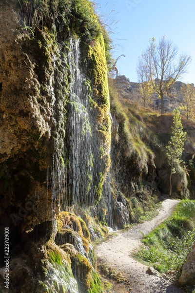 Fototapeta A small waterfall covered with moss next to a path in backlight during autumn in the Aguallueve rural park in Anento, Aragon, Spain