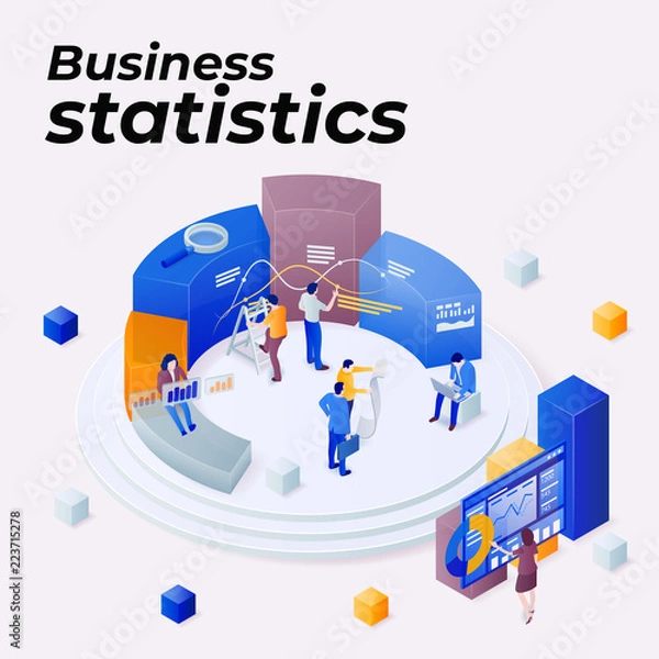 Fototapeta Statistics and business statement. Promoting business on the Internet. Seo optimization. People work in a team and achieve the goal. Consulting for company performance, analysis concept. Vector image