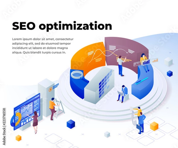 Fototapeta Search engine optimization and analytics. Promoting business on the Internet. Template in 3d isometric style. People work in a team and achieve the goal. Consulting for company performance.