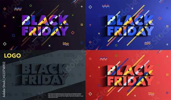 Fototapeta Black Friday. Sale and discounts banners. Background with colored lines. A set of banners templates in flat trendy memphis geometric style. An inscription with a long shadow. Vector illustration.