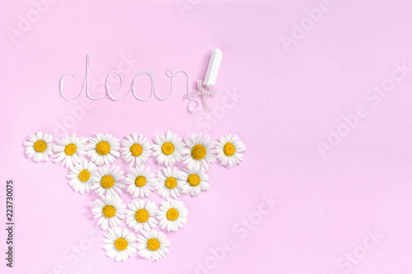 Obraz Word CLEAN from white thread hygienic female tampon and chamomile flowers in form panties on pink background. Concept hygiene health women and adolescents during menstrual cycle. Flat Lay, Copy space