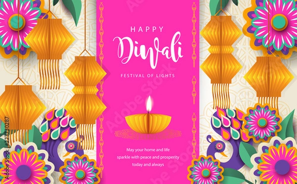 Obraz Happy Diwali. Paper Graphic of Indian Diya Oil Lamp Design. The Festival of Lights.
