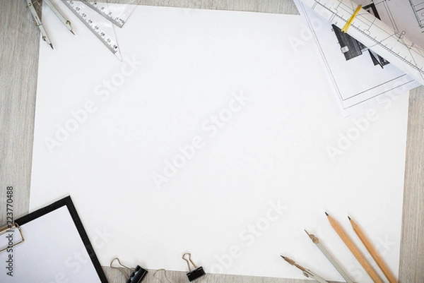Obraz Architectural plans, pencil and ruler on the table. Place for your text