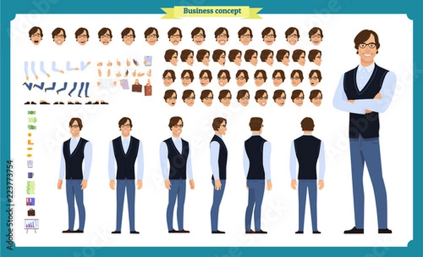 Fototapeta Young man in casual clothes. Character creation set. Full length, different views, emotions, gestures, isolated against white background. 