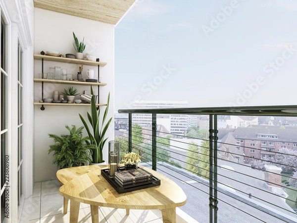 Fototapeta Modern balcony design, coffee table, green plants and glass railings, etc.