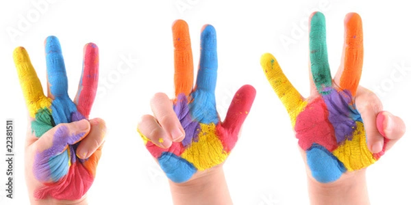 Fototapeta Little boy’s colorful hands with 3 fingers up - high resolution