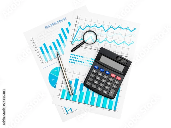 Fototapeta Paper financial graphs and charts with calculator, magnifying glass and pen isolated on white.