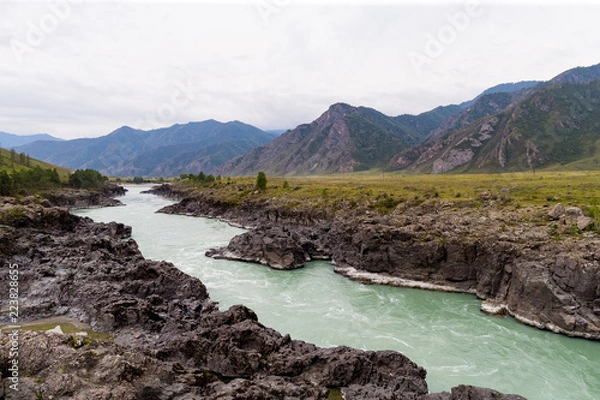Fototapeta Mountain river landscape. Oasis in the desert. Trees and mountains on the banks of the river Khovd at Western Mongolia. Khovd valley
