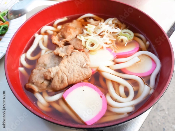 Obraz a bowl of udon noodles topped with sliced pork and KAMABOKO / Japanese Cuisine