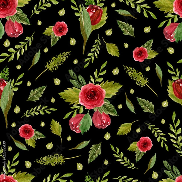 Fototapeta Seamless pattern with flowers, leaves, branches. Watercolor hand drawn