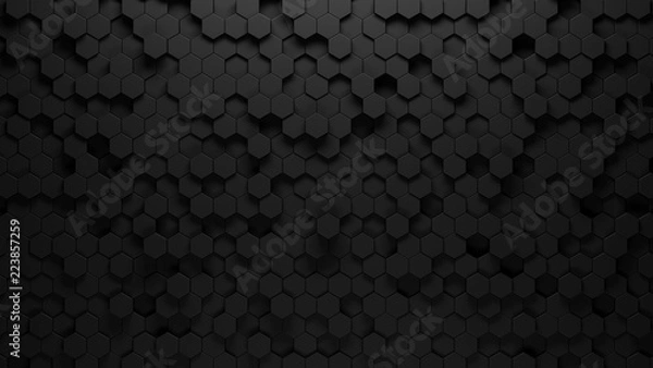 Fototapeta black background of hexagons of different heights, top lighting. Technological backdrop.3d Rendering.