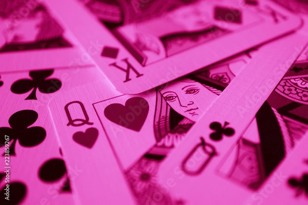 Obraz Queen of red hearts macro, fortune-telling cards. Mystic card ritual, prediction of female love fortune, close up.