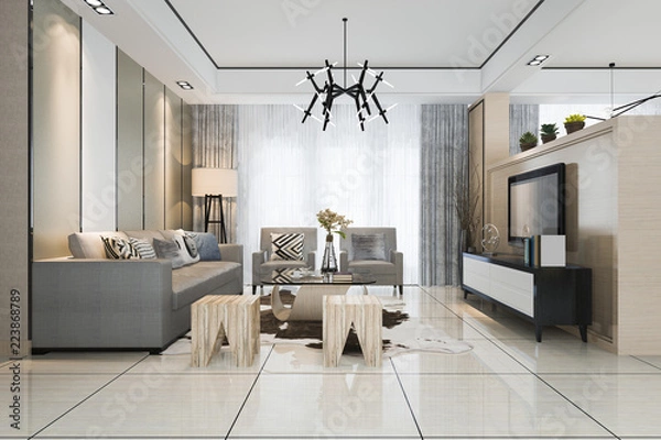 Fototapeta 3d rendering biały nowoczesny salon klasyczny z marmurowymi płytkami