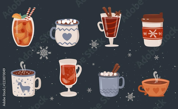 Fototapeta Vector collection of hot drinks. Hot chocolate, coffee, cocoa with whipped cream and marshmallow, mulled wine. Autumn and winter holidays