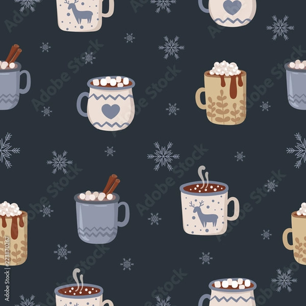 Fototapeta Vector seamless pattern with hot drinks in flat design. Hot chocolate, coffee, cocoa with whipped cream and marshmallow. Autumn and winter holidays