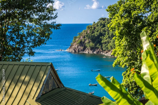 Fototapeta Widok na tropikalną plażę z hotelu przy plaży w Trynidadzie i Tobago na Karaibach