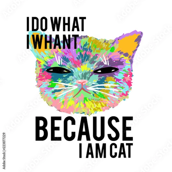 Fototapeta Rainbow cat with slogan. Because i am cat. For print, baby clothes, t shirt, child or wrapping paper. Kids apparel