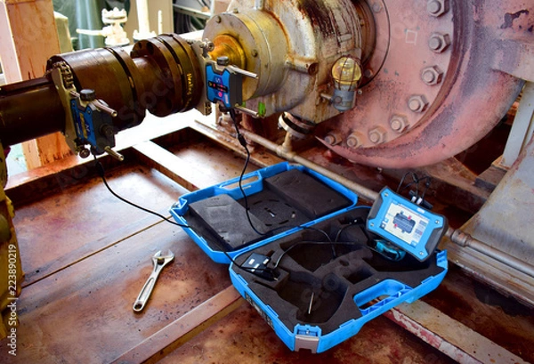 Fototapeta Laser alignment of shaft centrifugal pump. Check alignment and re-adjust. Laser alignment check rotating equipment and re-adjust. 