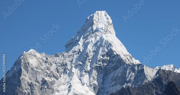 Obraz Amazing Shot Panoramic view of Nepalese Himalayas mountain peaks covered with white snow attract many climbers, some of them highly experienced mountaineers