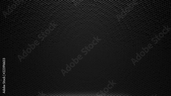 Fototapeta black background of hexagons of different heights, top lighting. Technological backdrop.3d Rendering.