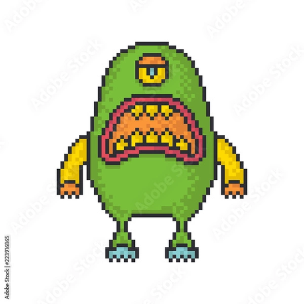 Obraz Angry monster pixel art style vector icon on white background.