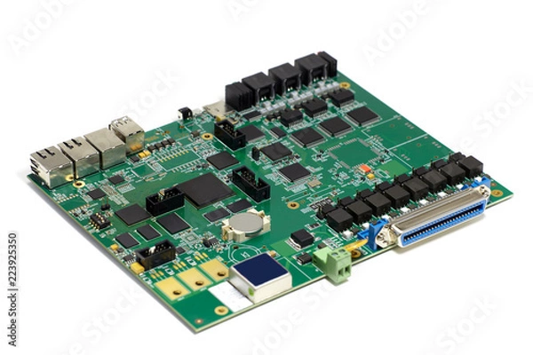 Fototapeta Electronic printed circuit board with chips and other components, green color, front side, angled view, isolated on white background