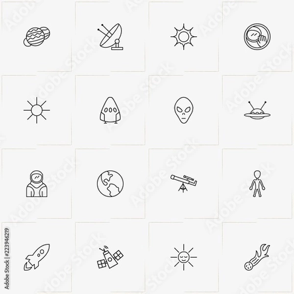 Fototapeta Space line icon set with cosmonaut, sun and jupiter planet