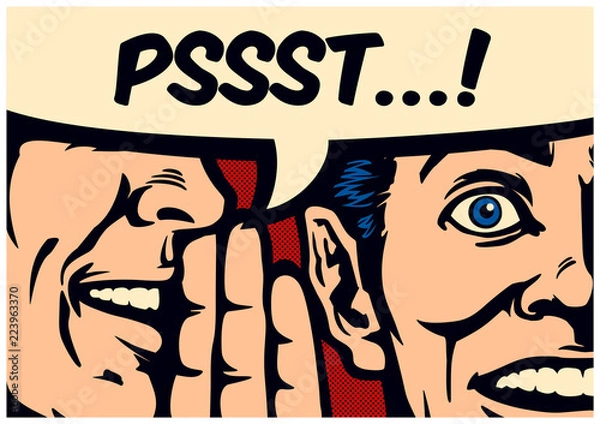 Obraz Pop Art style comic book panel gossip man whispering secret or news in ear of surprised person with speech bubble, rumour, word-of-mouth concept vector illustration