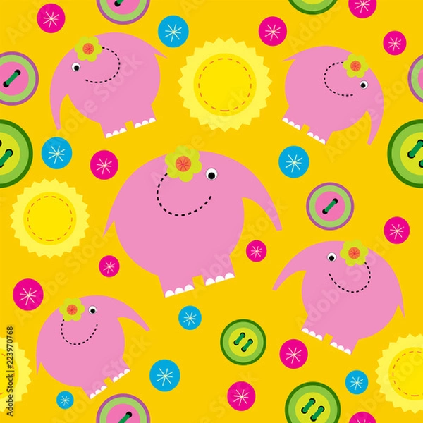 Fototapeta Abstract cute seamless ornament with pink elephants and buttons