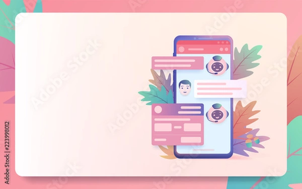 Fototapeta Landing Pages Website Template. Chatbot and future marketing concept. ChatBot answers the question of the user. Dialog box of smartphone. Raster image