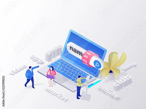 Fototapeta Creating a personal site. Find and buy a domain name. Page design templates for hosting company, digital marketing, business planning. People choose a domain name for the site. Bitmap image