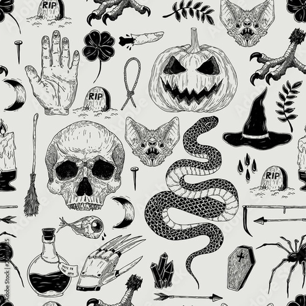 Fototapeta Wektor bezszwowe ręcznie rysowane vintage wzór Halloween z dyni, czaszki, węża, czarownicy, grobu, nietoperza. Przerażająca dekoracja na papier, tekstylia, dekoracje do pakowania, rezerwacja złomu, t-shirt, karty.